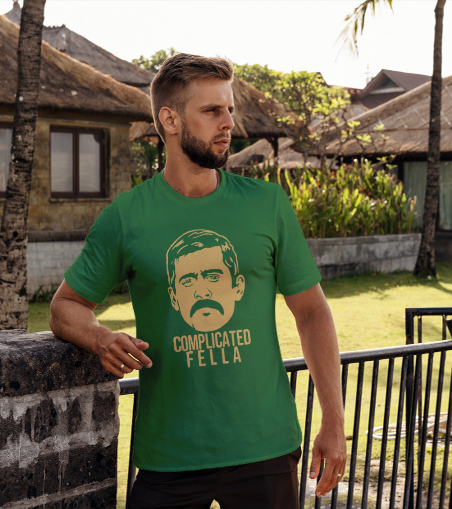 Complicated Fella Graphic With Mustache On Green Background T-Shirt