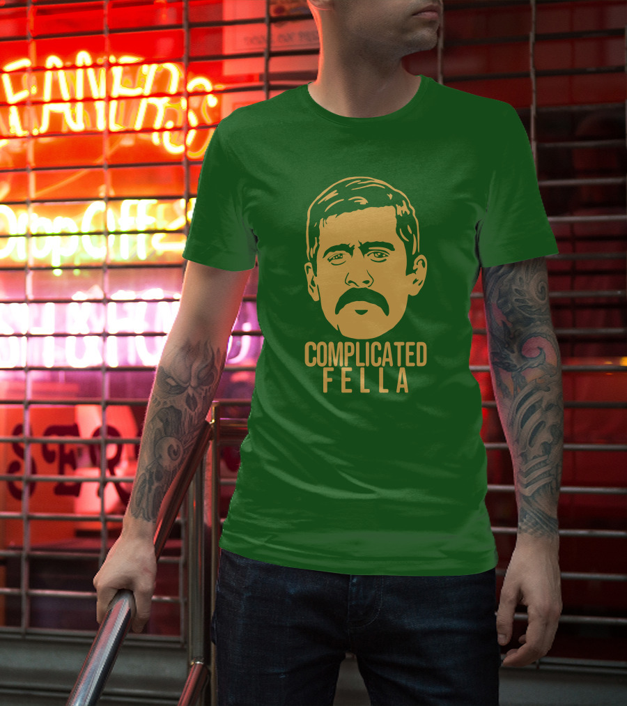 Complicated Fella Graphic With Mustache On Green Background T-Shirt
