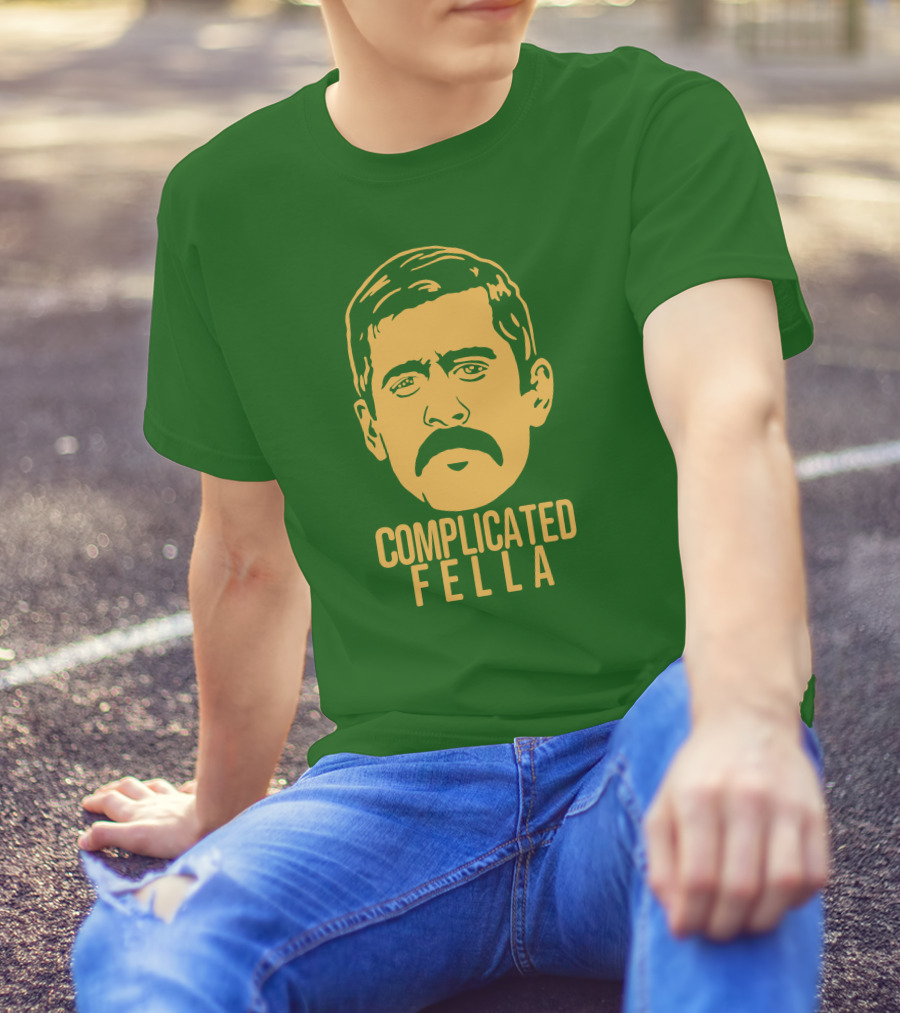 Complicated Fella Graphic With Mustache On Green Background T-Shirt