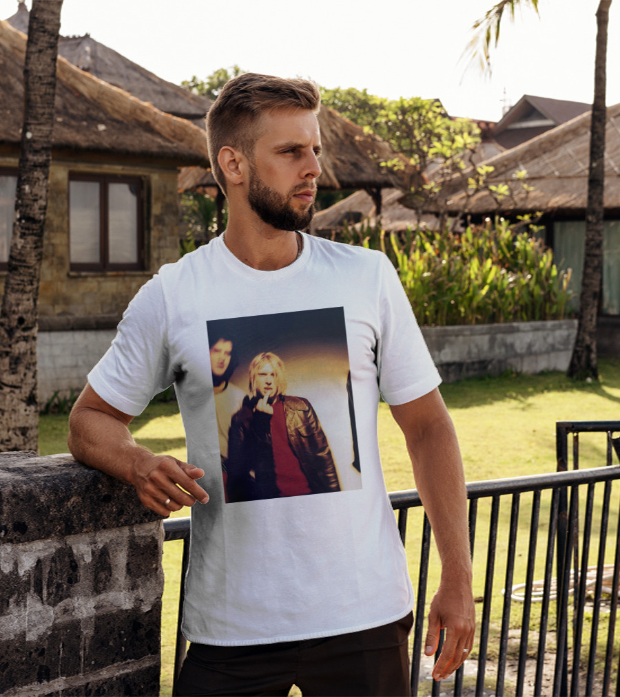 Kurt Cobain Leather Jacket Red Sweater Iconic Image T-Shirt