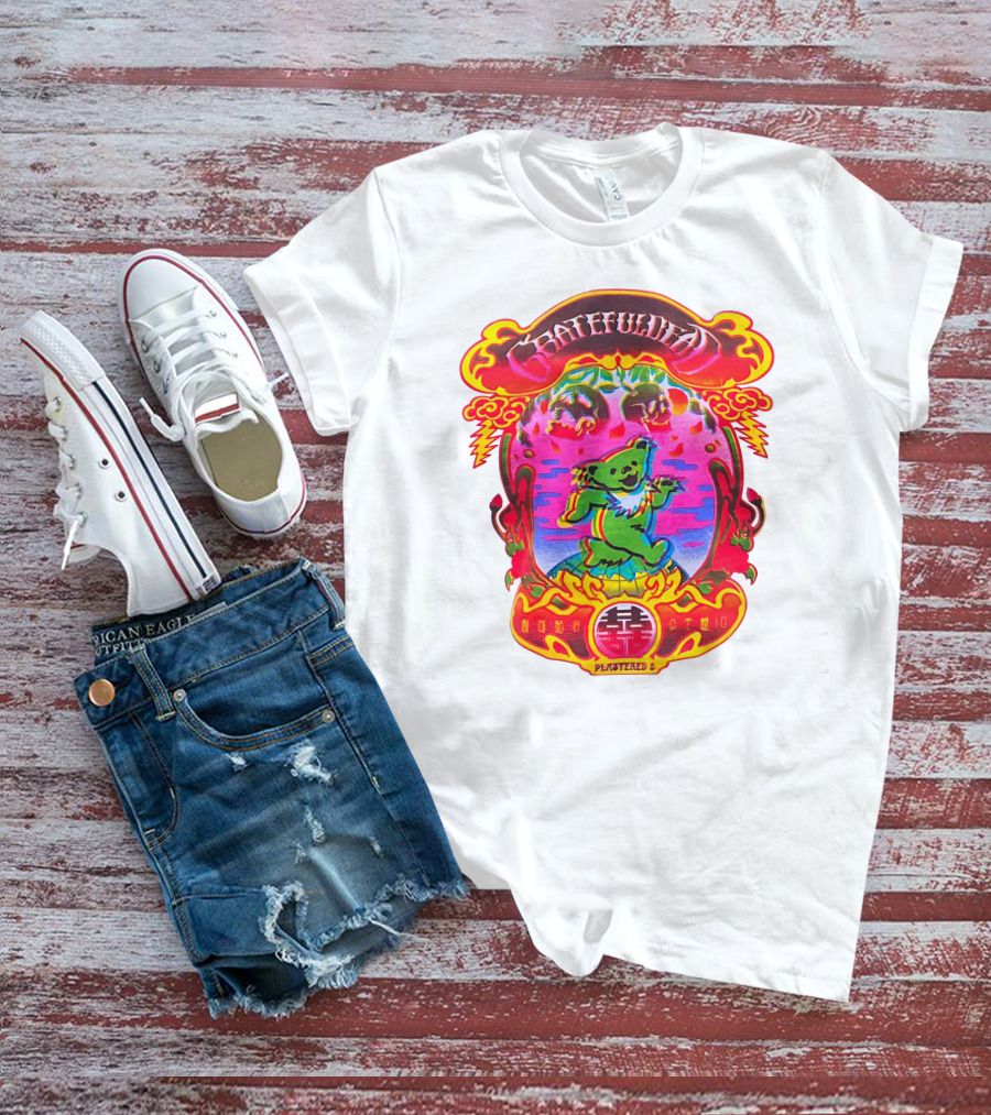Grateful Dead X Plastered Psychedelic Bear Design With Skulls And Lightning T-Shirt
