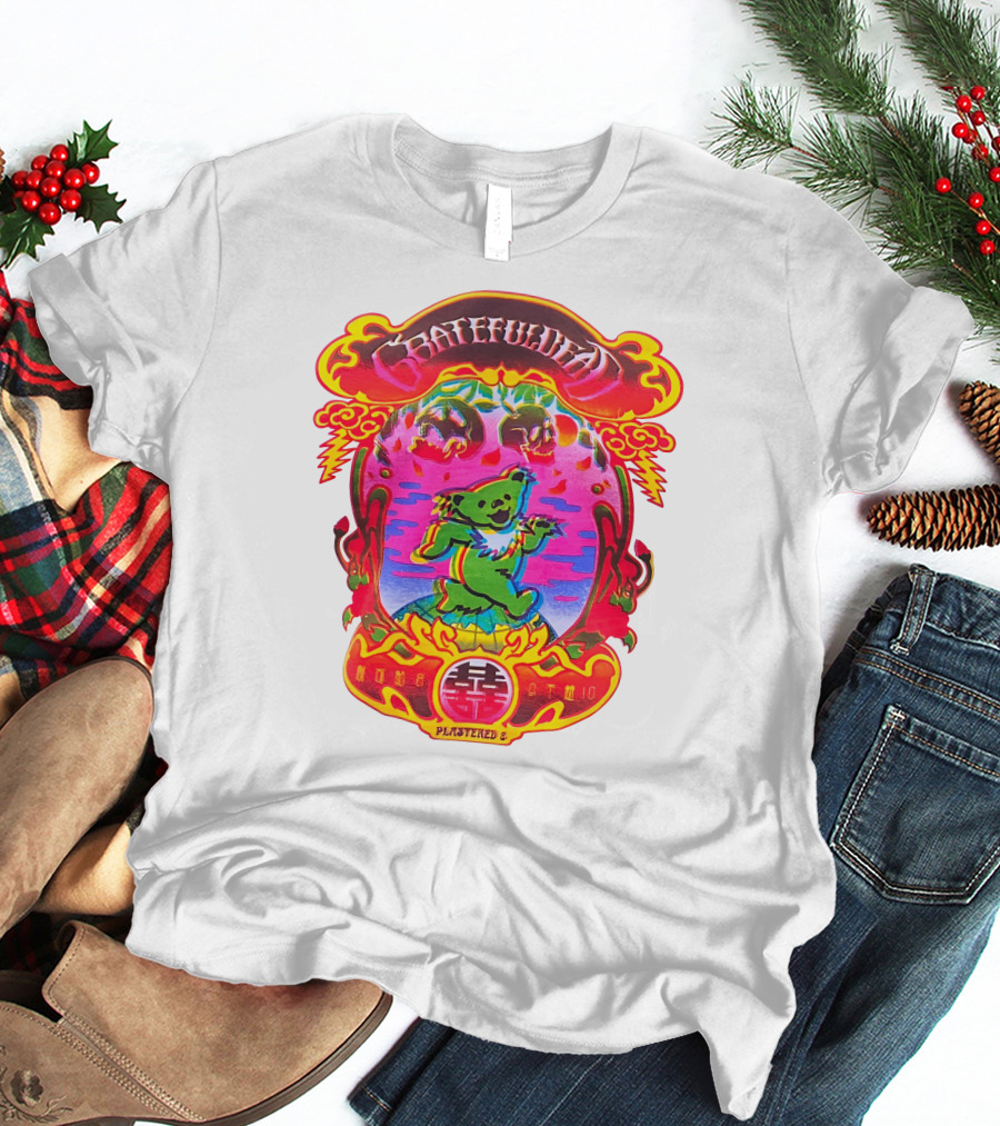 Grateful Dead X Plastered Psychedelic Bear Design With Skulls And Lightning T-Shirt