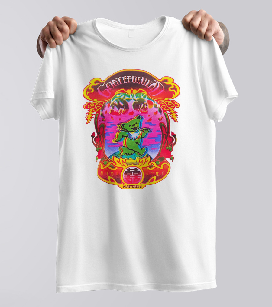 Grateful Dead X Plastered Psychedelic Bear Design With Skulls And Lightning T-Shirt