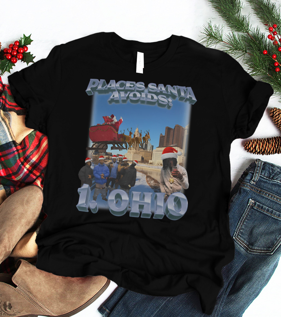 Places Santa Avoids 1 Ohio Santa's Sleigh Reindeer Columbus Skyline T-Shirt