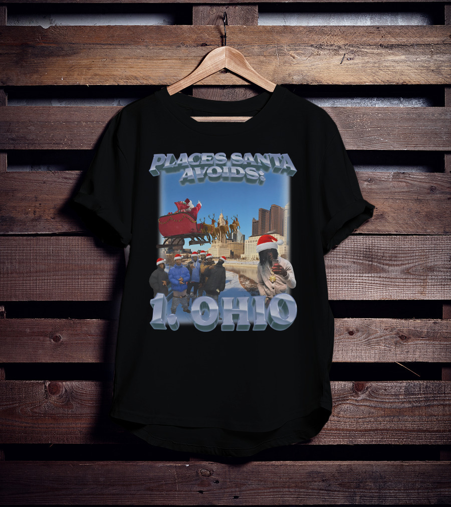 Places Santa Avoids 1 Ohio Santa's Sleigh Reindeer Columbus Skyline T-Shirt