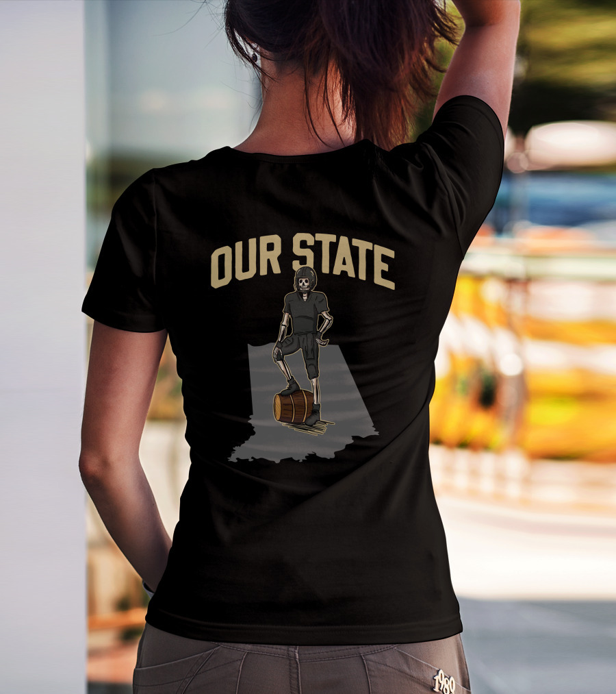 Our State Barstool Boilers Skeleton On Barrel Indiana Shadow T-Shirt