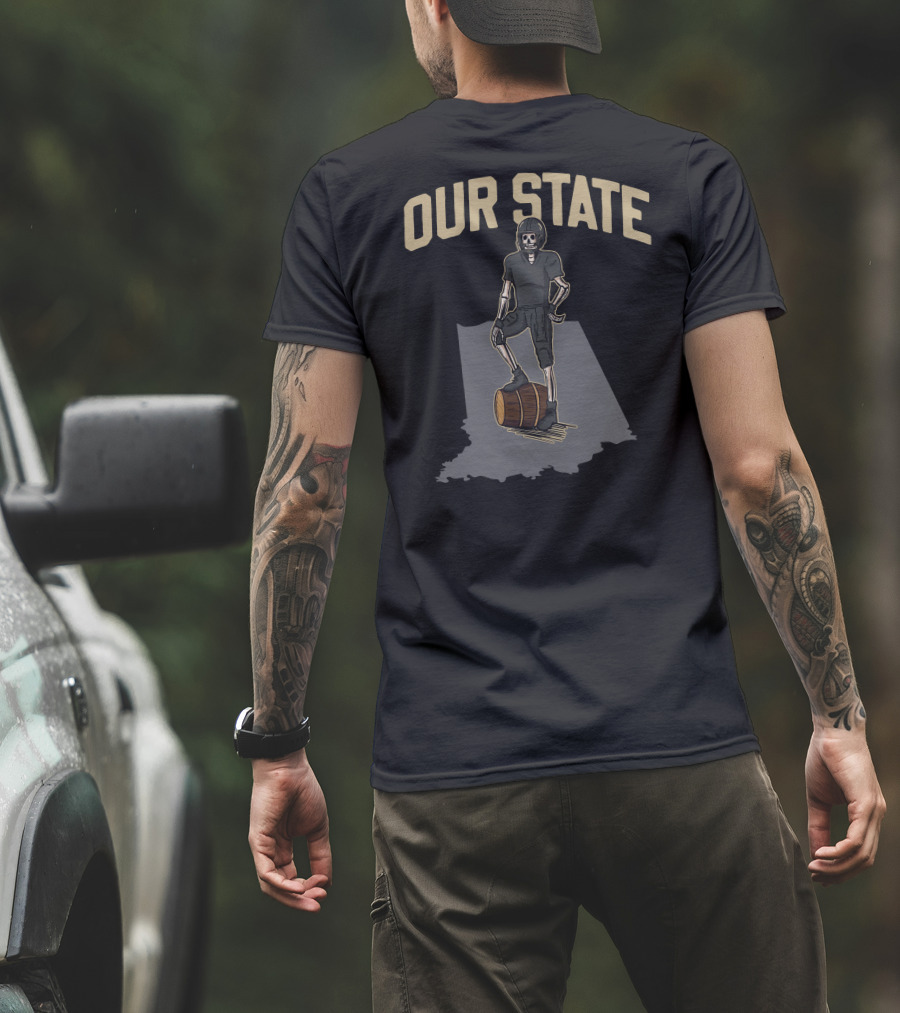 Our State Barstool Boilers Skeleton On Barrel Indiana Shadow T-Shirt