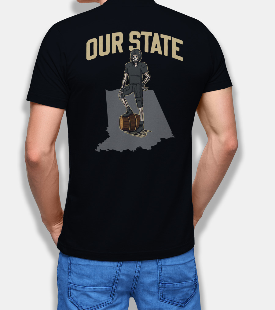 Our State Barstool Boilers Skeleton On Barrel Indiana Shadow T-Shirt