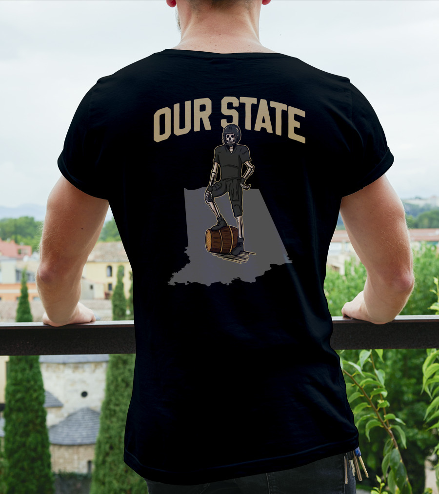 Our State Barstool Boilers Skeleton On Barrel Indiana Shadow T-Shirt