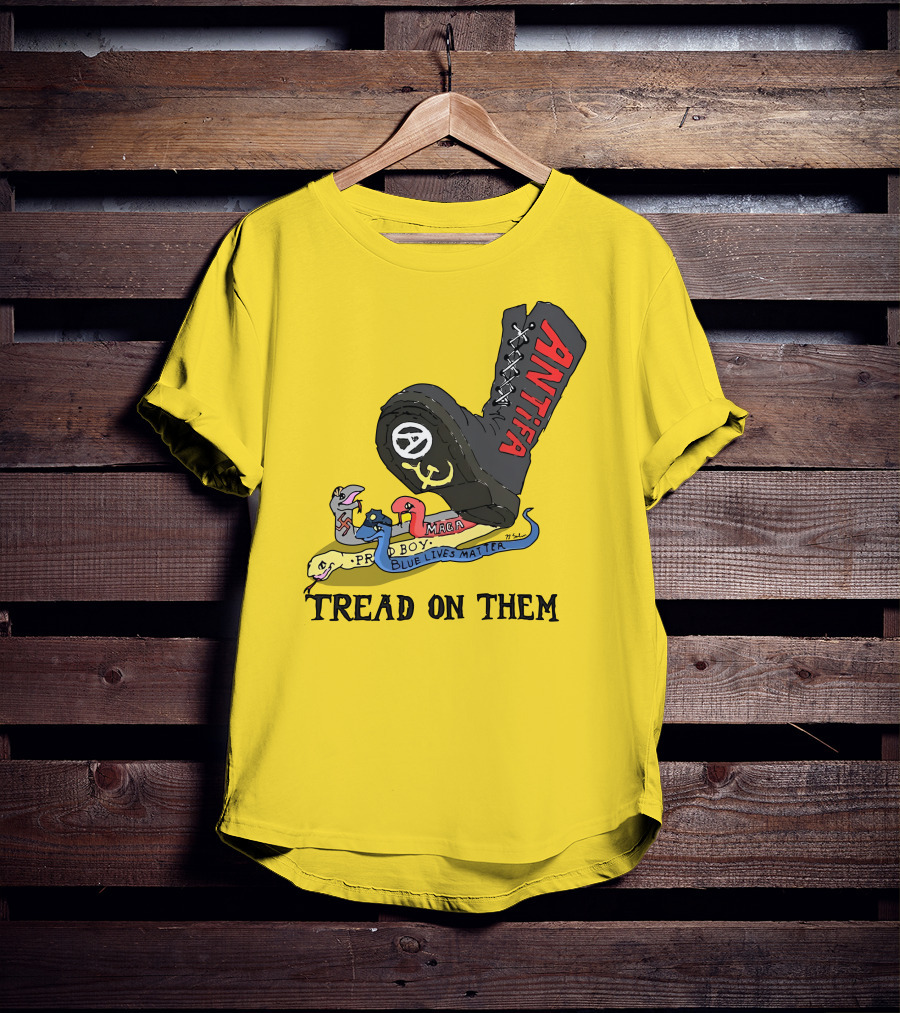 No Gods No Masters Antifa Boot Stomping Tread On Them MAGA Blue Lives Matter Proud Boy T-Shirt