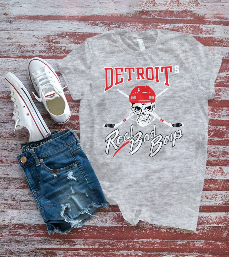 Detroit Real Bad Boys Skull With Hockey Helmet And Crossed Sticks T-Shirt
