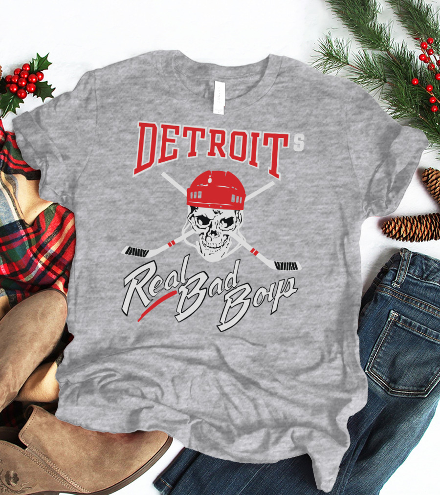 Detroit Real Bad Boys Skull With Hockey Helmet And Crossed Sticks T-Shirt