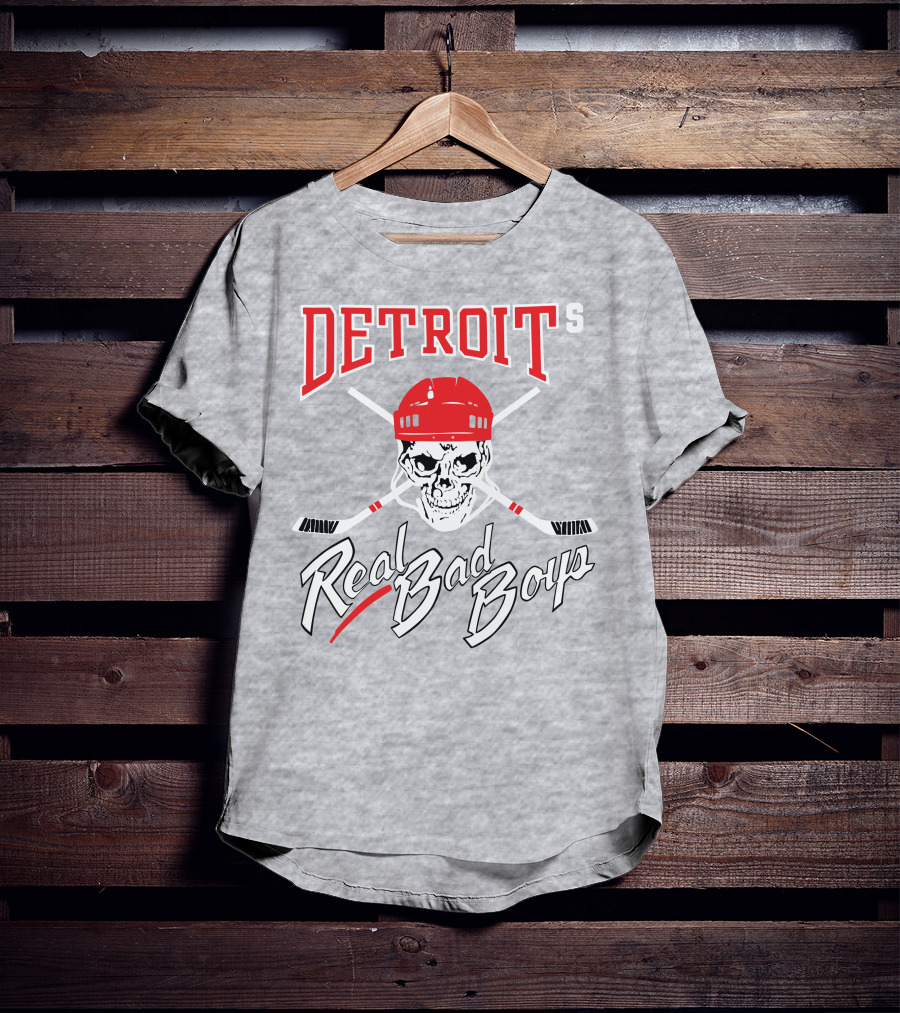 Detroit Real Bad Boys Skull With Hockey Helmet And Crossed Sticks T-Shirt