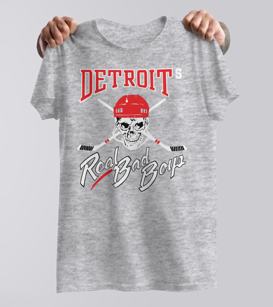 Detroit Real Bad Boys Skull With Hockey Helmet And Crossed Sticks T-Shirt