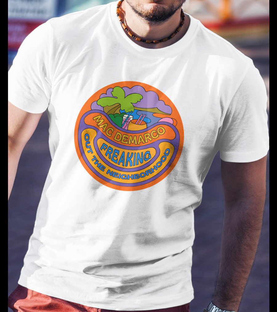 Mac Demarco Freaking Out The Neighborhood Colorful Retro Design With Beach And Palm Tree Elements T-Shirt