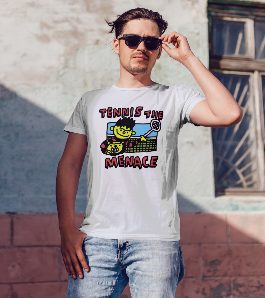 Tennis The Menace Comic Style Tennis Player With Racket T-Shirt