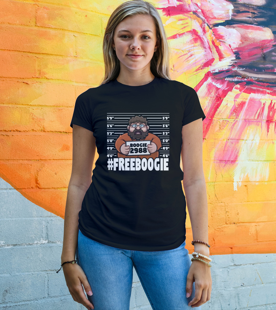 Boogie2988 Mugshot Cartoon With #Freeboogie Text And Height Chart T-Shirt