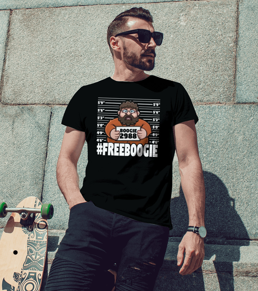 Boogie2988 Mugshot Cartoon With #Freeboogie Text And Height Chart T-Shirt