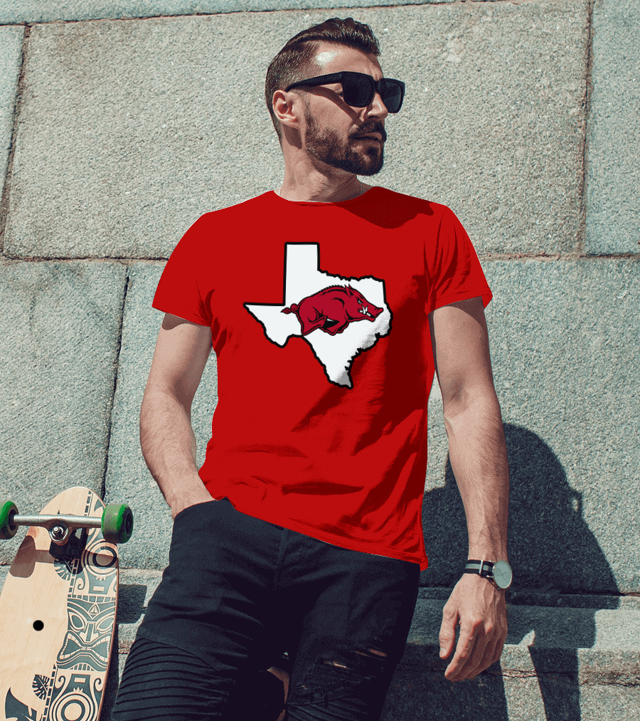 Arkansas Razorbacks Strong Hog Over Texas Map T-Shirt