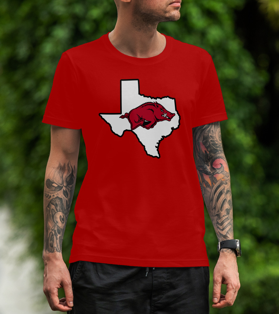 Arkansas Razorbacks Strong Hog Over Texas Map T-Shirt