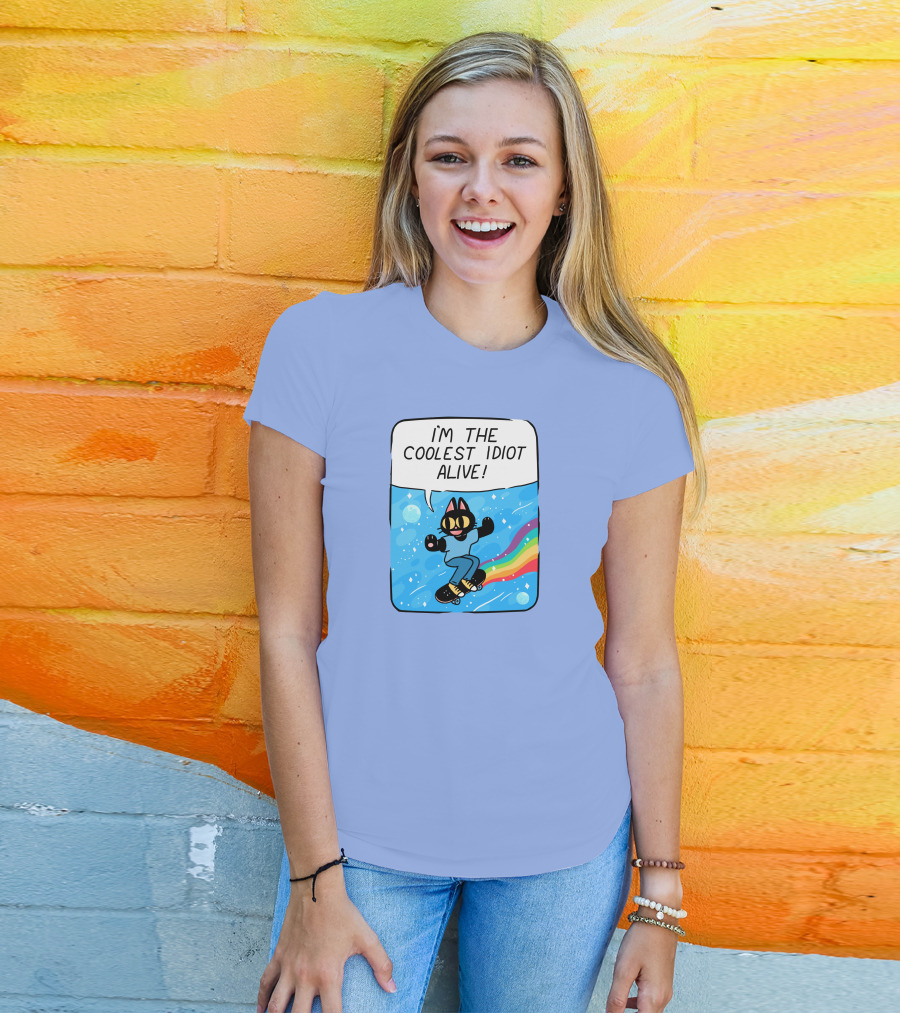 Mollyjohnt I'm The Coolest Idiot Alive Skateboarding Cat With Rainbow Trail T-Shirt