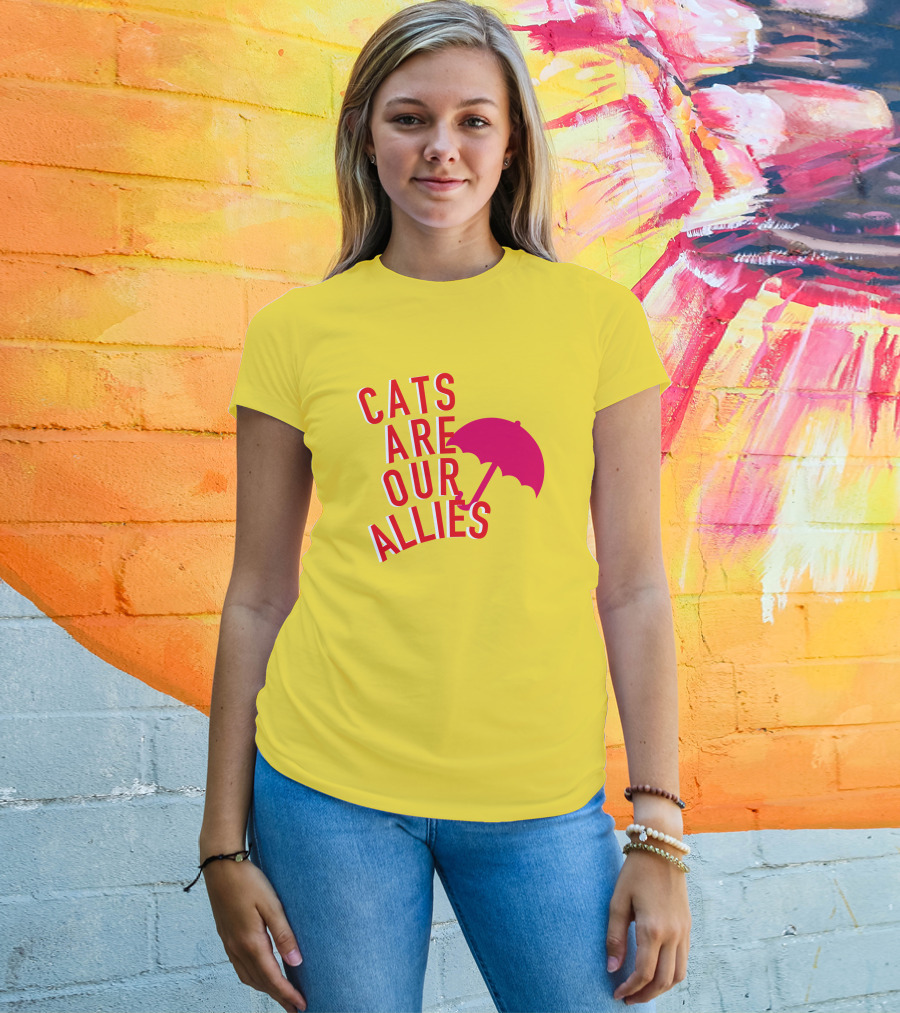 Jortsthecat Cats Are Our Allies Red Umbrella Yellow Background T-Shirt