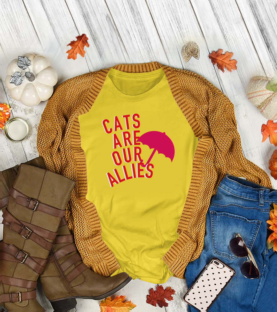 Jortsthecat Cats Are Our Allies Red Umbrella Yellow Background T-Shirt