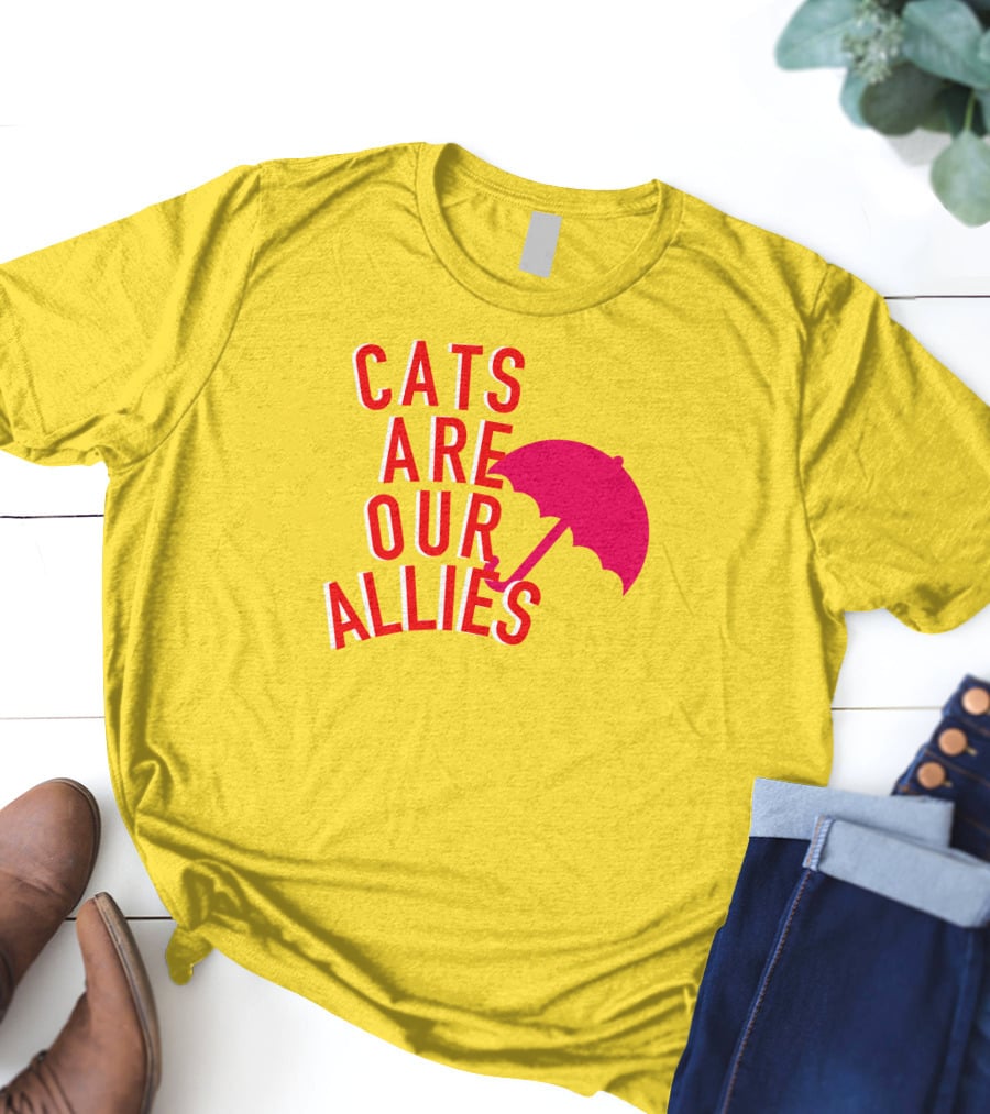 Jortsthecat Cats Are Our Allies Red Umbrella Yellow Background T-Shirt