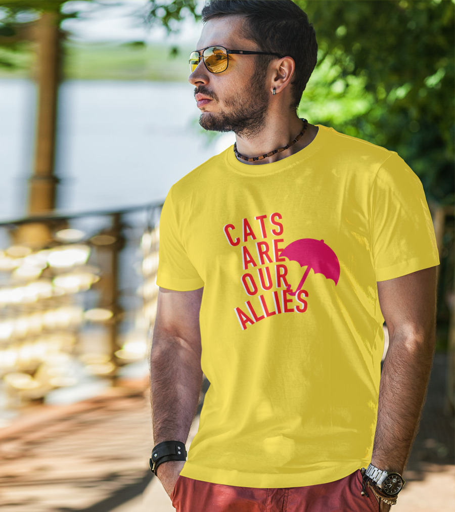 Jortsthecat Cats Are Our Allies Red Umbrella Yellow Background T-Shirt