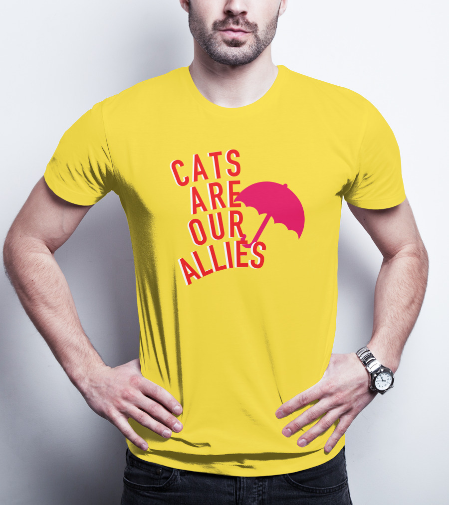 Jortsthecat Cats Are Our Allies Red Umbrella Yellow Background T-Shirt