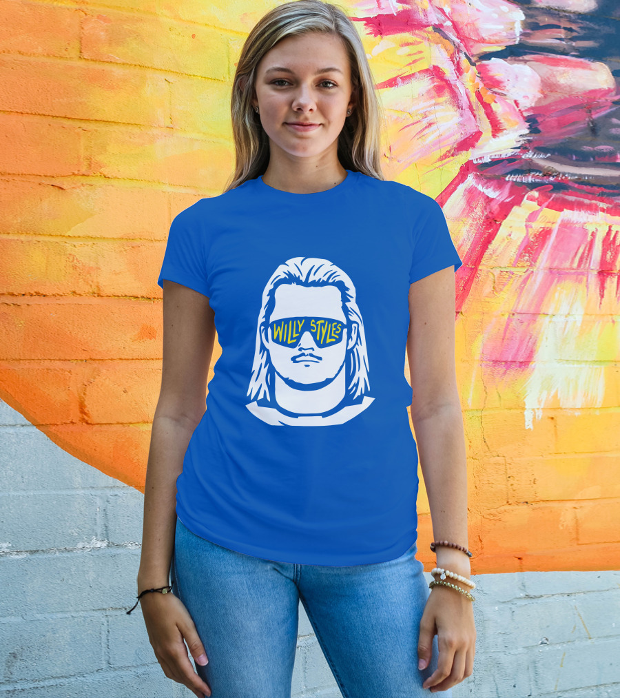 Willy Styles Sunglasses Graphic Blue Background T-Shirt