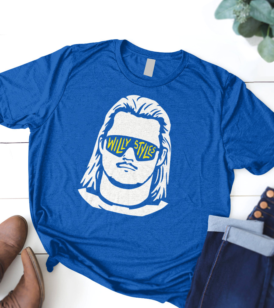 Willy Styles Sunglasses Graphic Blue Background T-Shirt