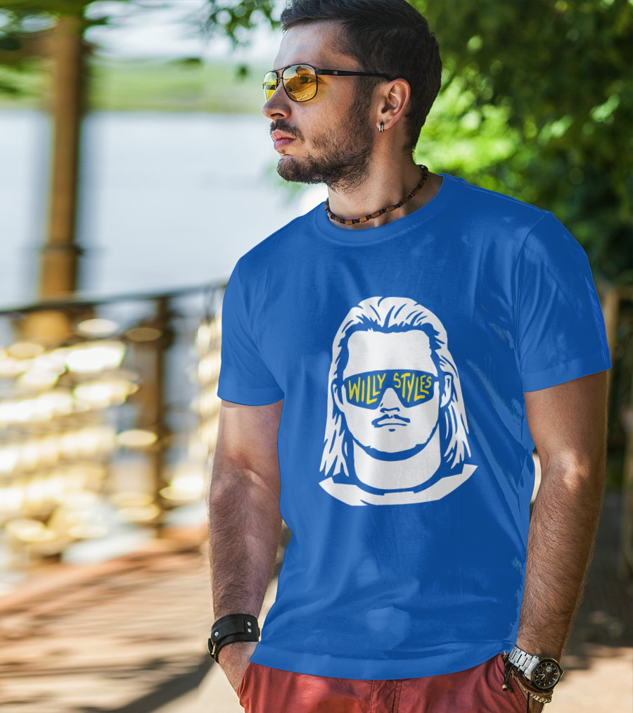 Willy Styles Sunglasses Graphic Blue Background T-Shirt