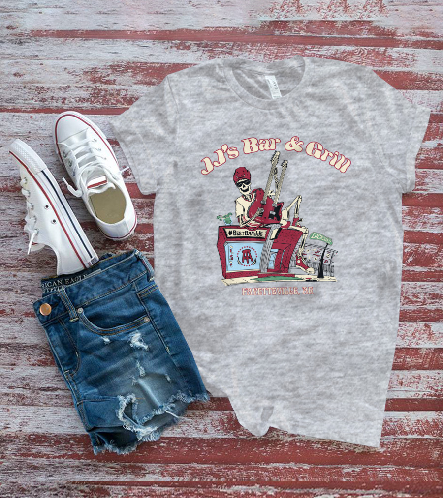 JJ's Bar And Grill Fayetteville AR Best Barstools Skeleton Playing Guitar T-Shirt