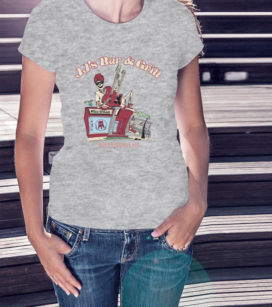JJ's Bar And Grill Fayetteville AR Best Barstools Skeleton Playing Guitar T-Shirt