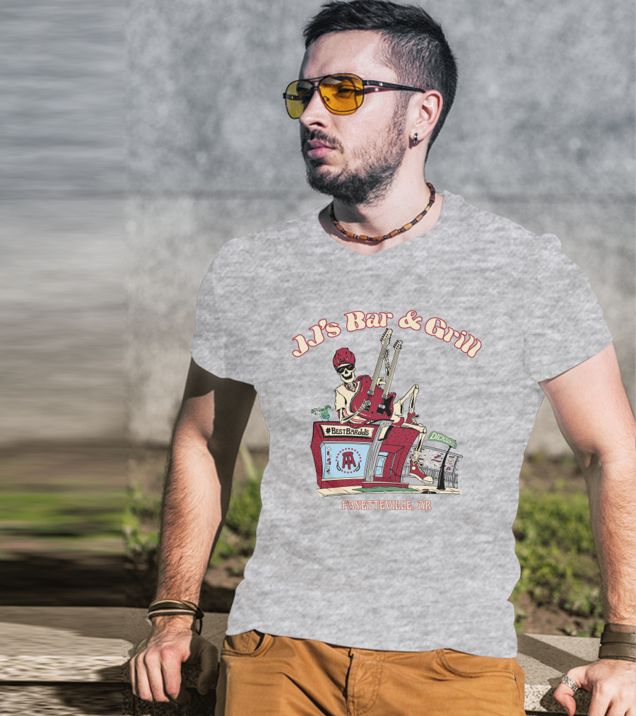 JJ's Bar And Grill Fayetteville AR Best Barstools Skeleton Playing Guitar T-Shirt