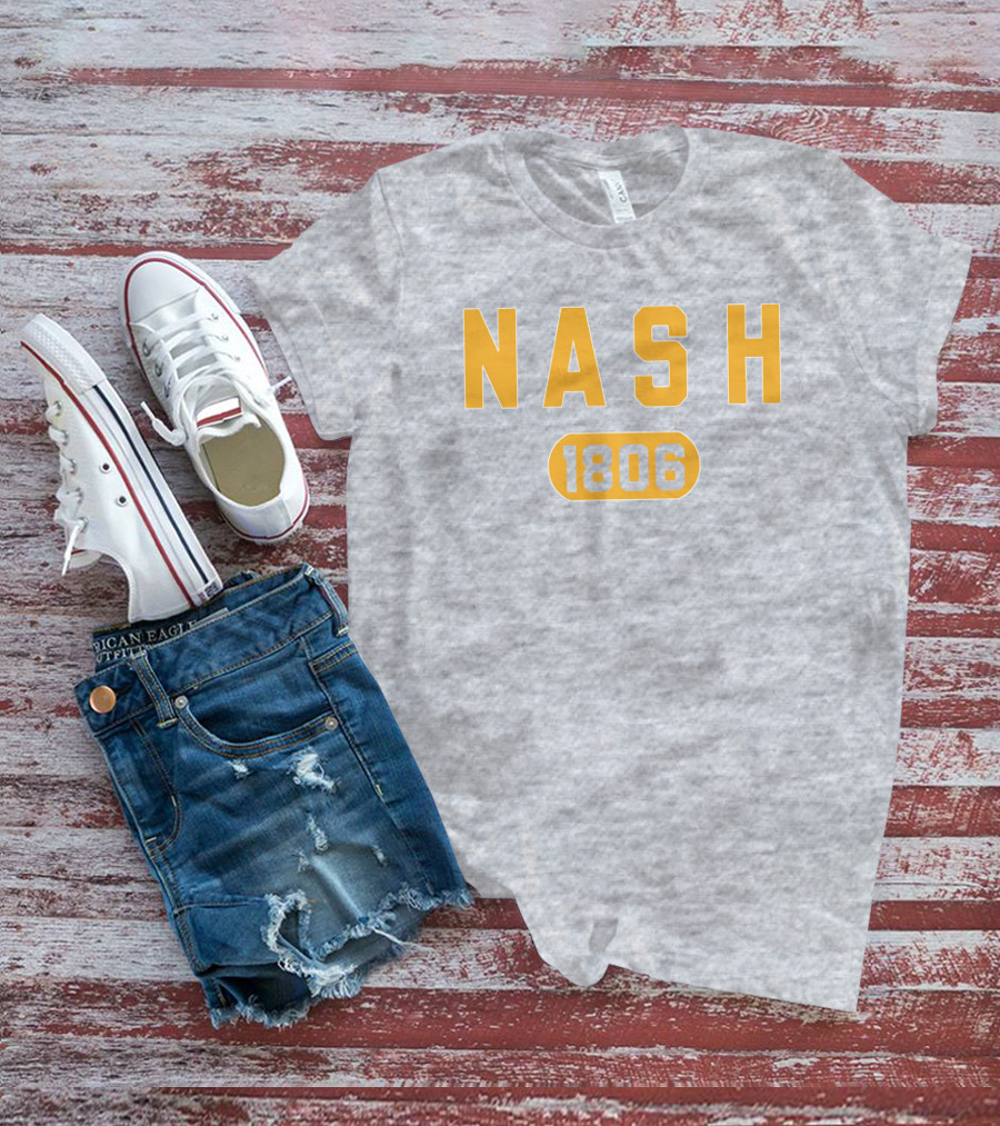 Nash 1806 Retro Varsity Style Yellow Text On Gray Background T-Shirt