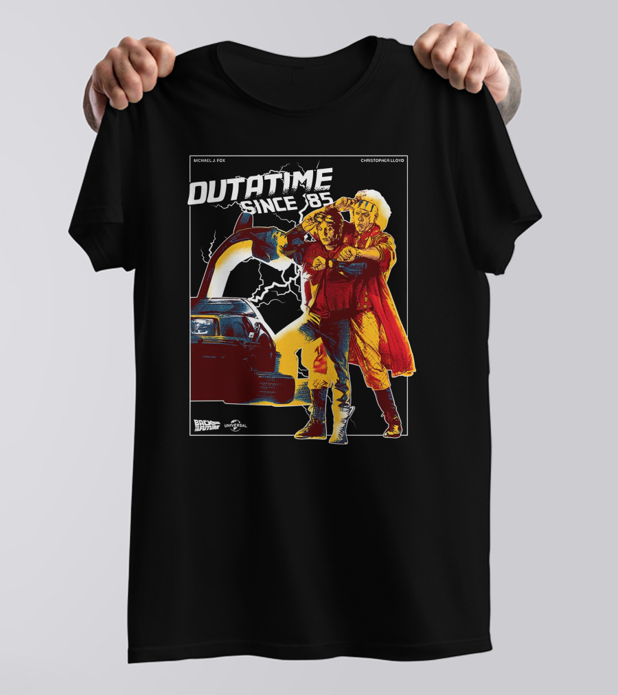 Back To The Future DMC-12 DeLorean Outatime Since '85 Michael J. Fox Christopher Lloyd Universal T-Shirt