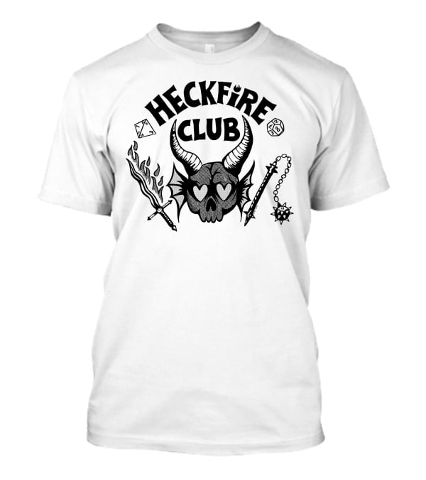 Heckfire Club Hawkins Leather Skull With Horns And Fantasy Dice T-Shirt