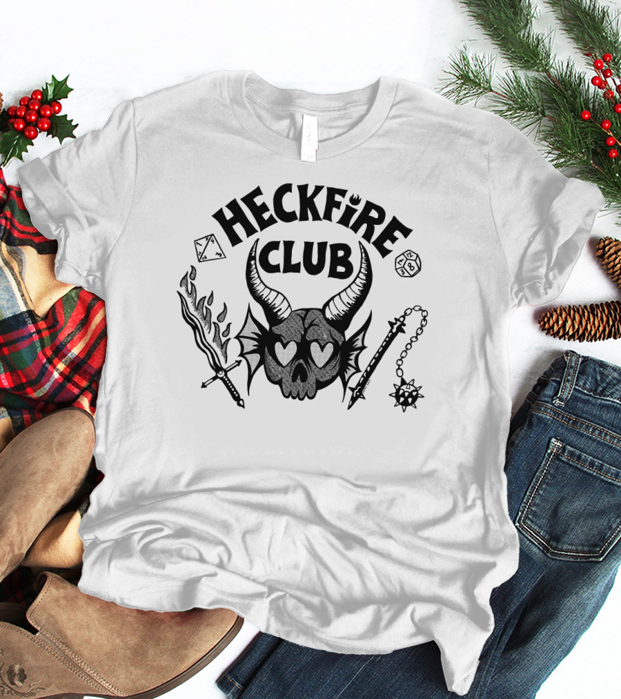 Heckfire Club Hawkins Leather Skull With Horns And Fantasy Dice T-Shirt