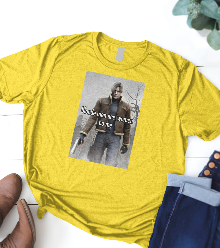Blonde Men Are Women To Me Resident Video Game Character Brown Jacket Gun T-Shirt