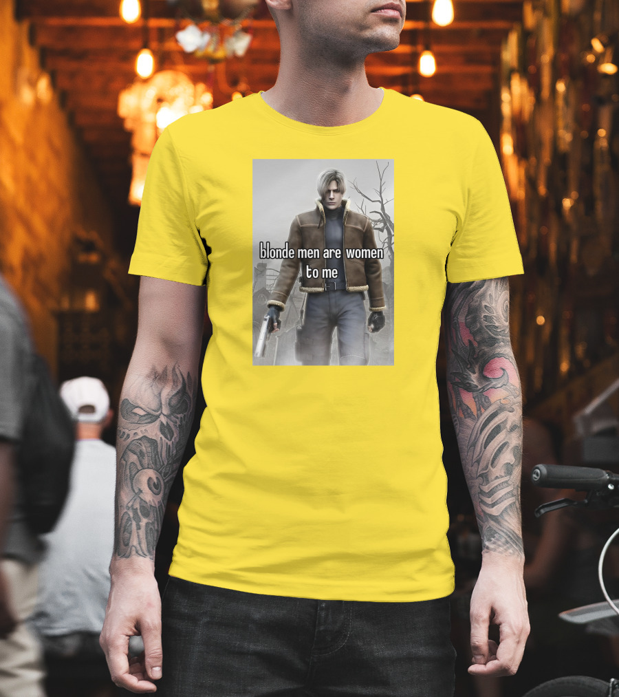 Blonde Men Are Women To Me Resident Video Game Character Brown Jacket Gun T-Shirt