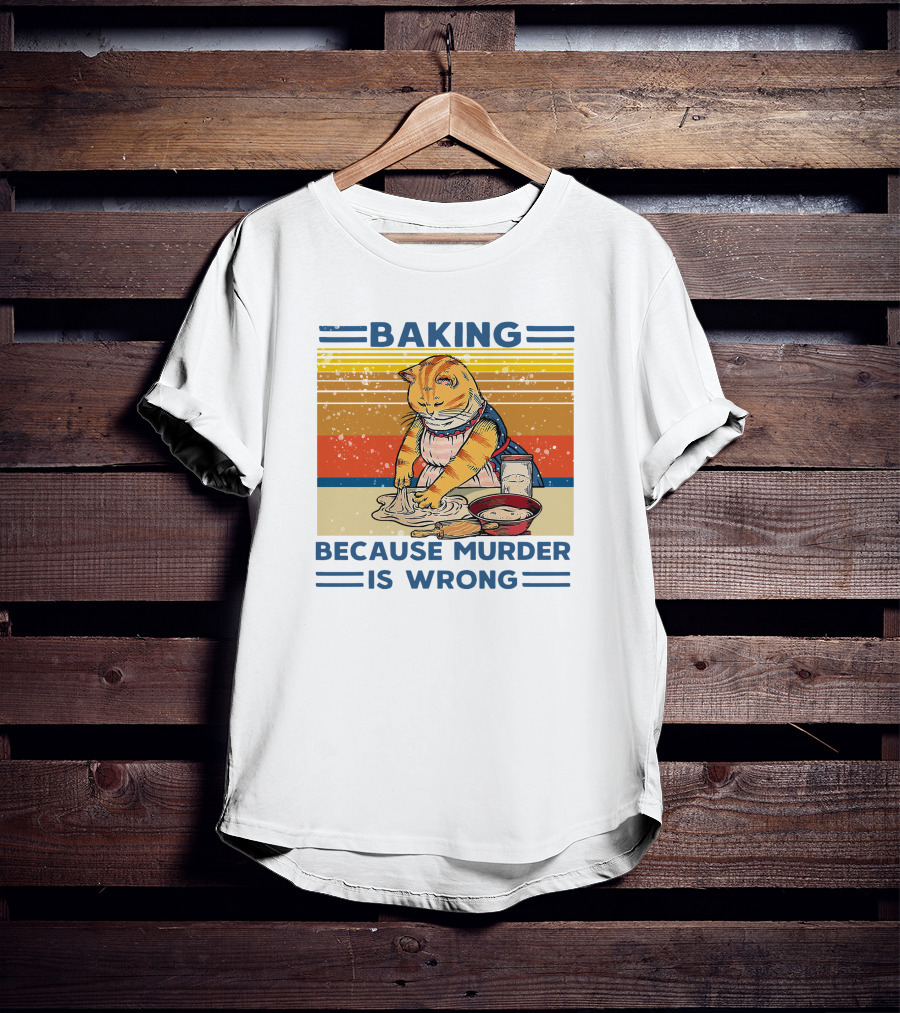 Baking Because Murder Is Wrong Cat Retro Style Nigel Simmonds T-Shirt
