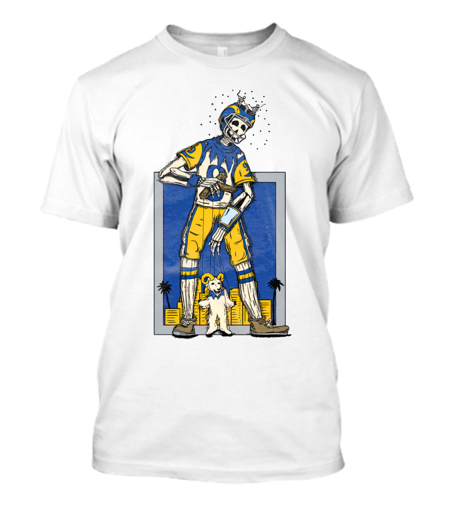 LA Skeleton Football Player Blue Gold Dog Helmet Cityscape T-Shirt