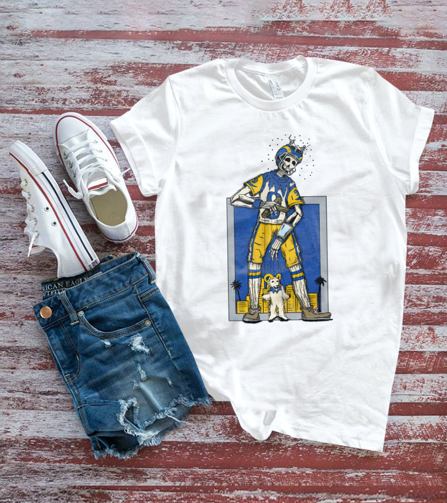LA Skeleton Football Player Blue Gold Dog Helmet Cityscape T-Shirt