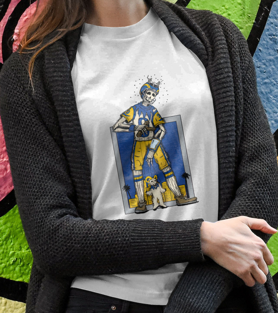 LA Skeleton Football Player Blue Gold Dog Helmet Cityscape T-Shirt