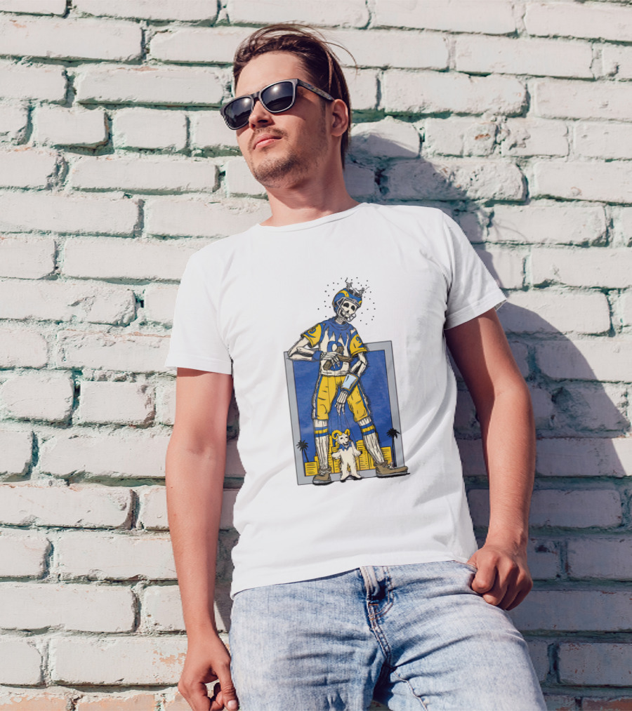 LA Skeleton Football Player Blue Gold Dog Helmet Cityscape T-Shirt