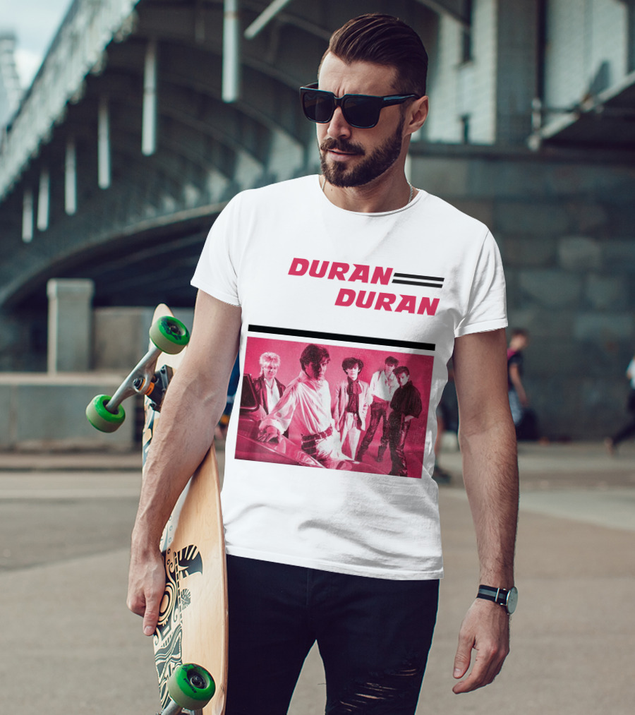 Duran Duran Band Photo With Stylized Logo And Pink Tone T-Shirt