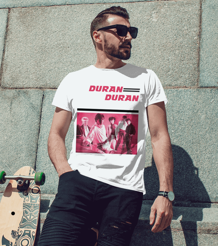 Duran Duran Band Photo With Stylized Logo And Pink Tone T-Shirt