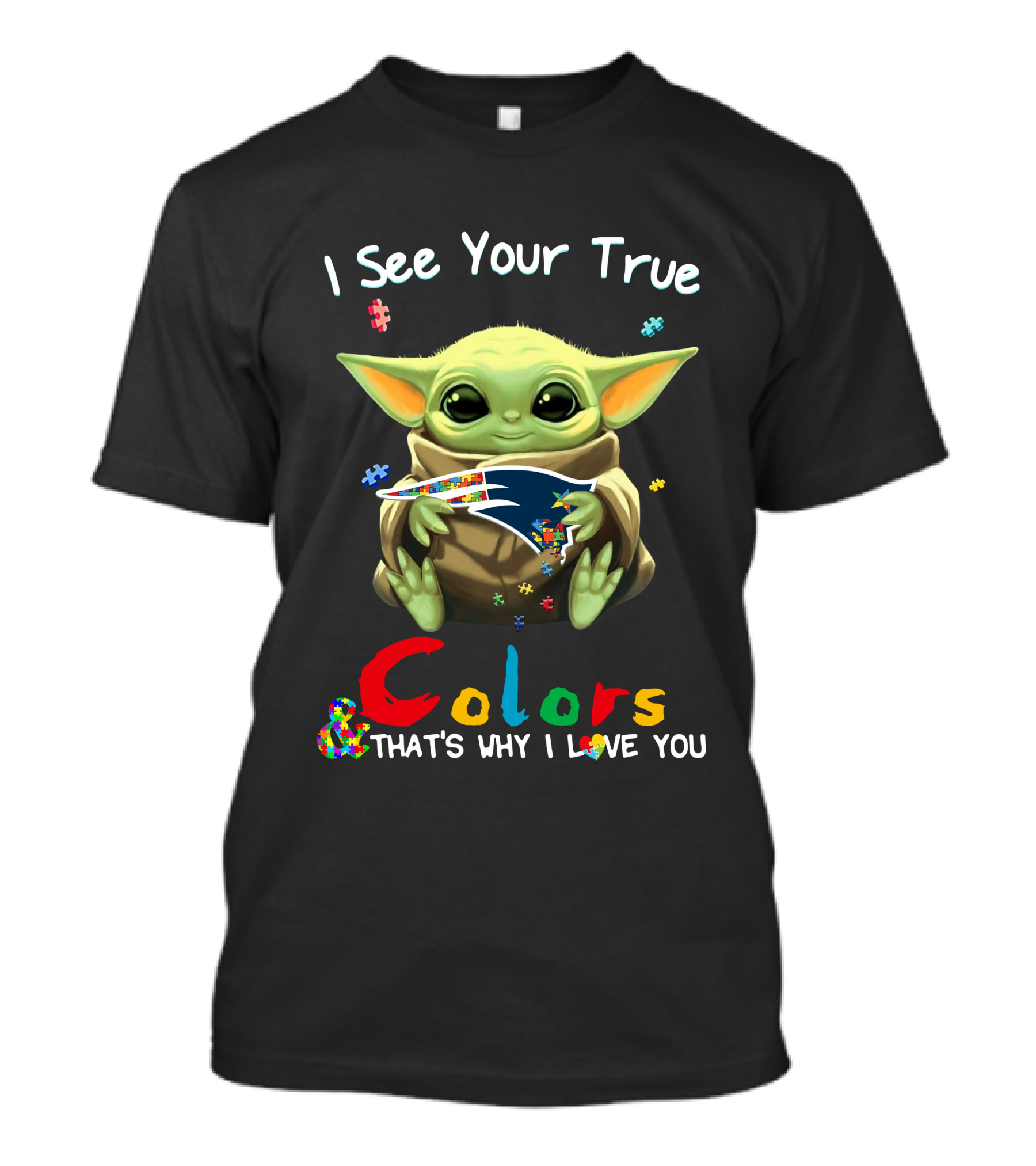 I See Your True Colors New England Patriots Baby Yoda Puzzle T-Shirt
